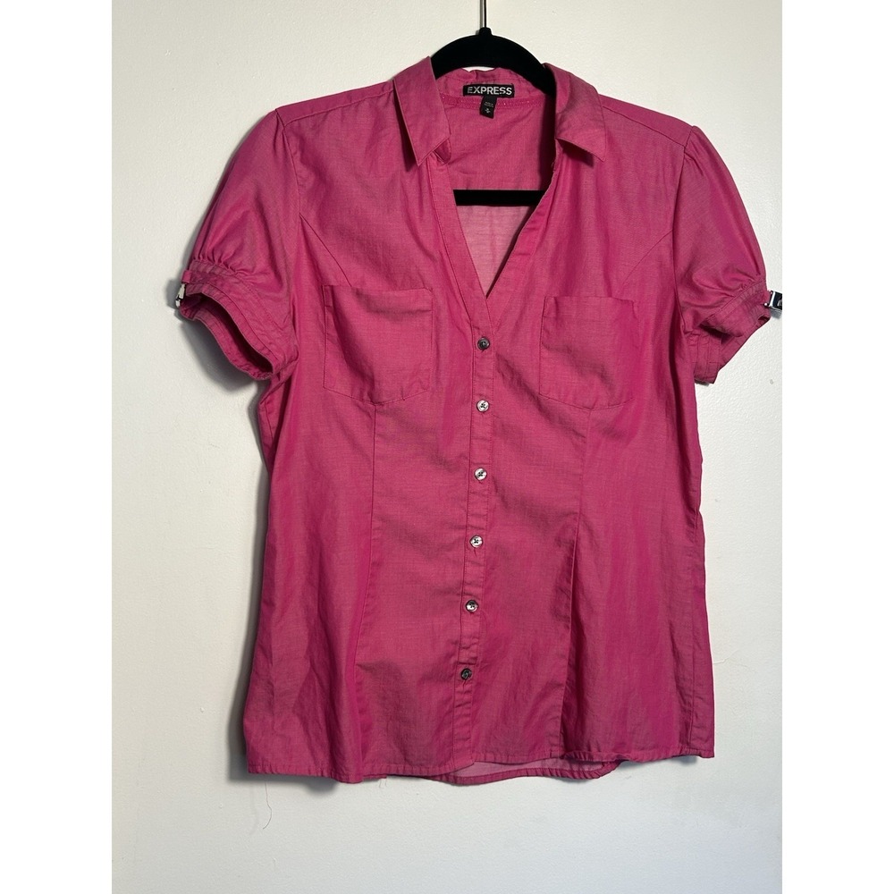 Express Women's Pink Short Sleeve Button Up Shirt 100% Cotton Pockets Size M